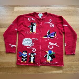 Vintage Quacker Factory Women’s Penguin Cardigan Sweater Red Size L Holiday